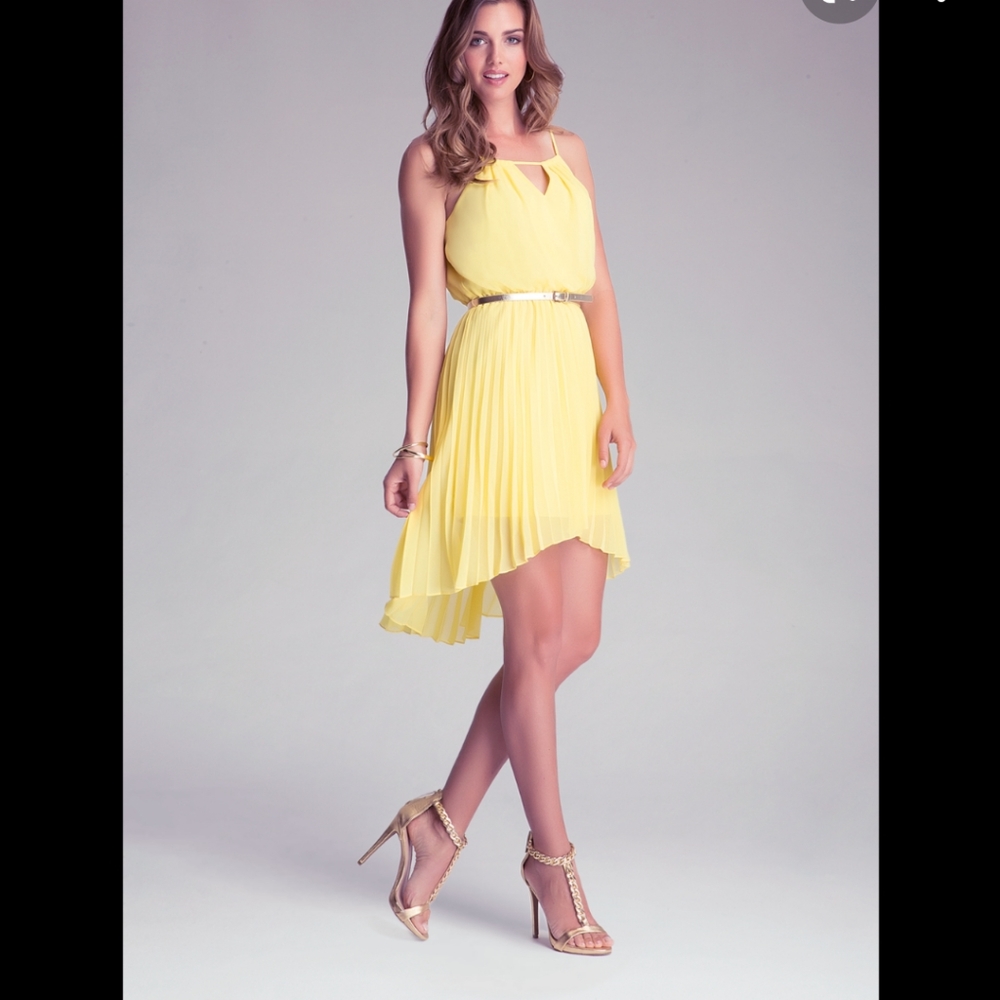bebe Yellow Pleated High-Low Halter Dress